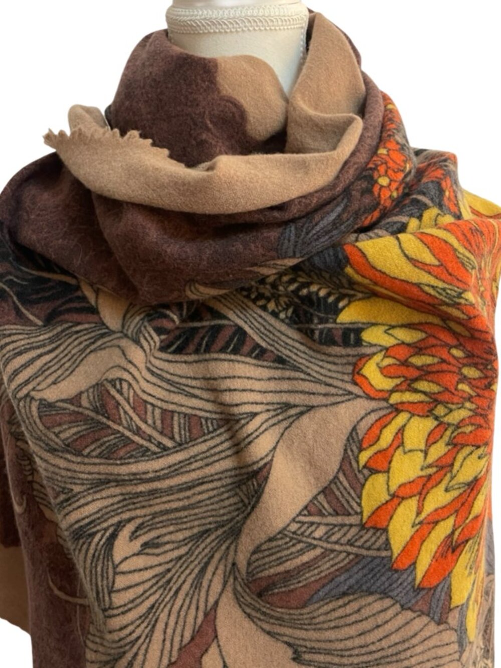 Large Floral Scarf | Brown Beige Orange & Yellow | 46" x 47"